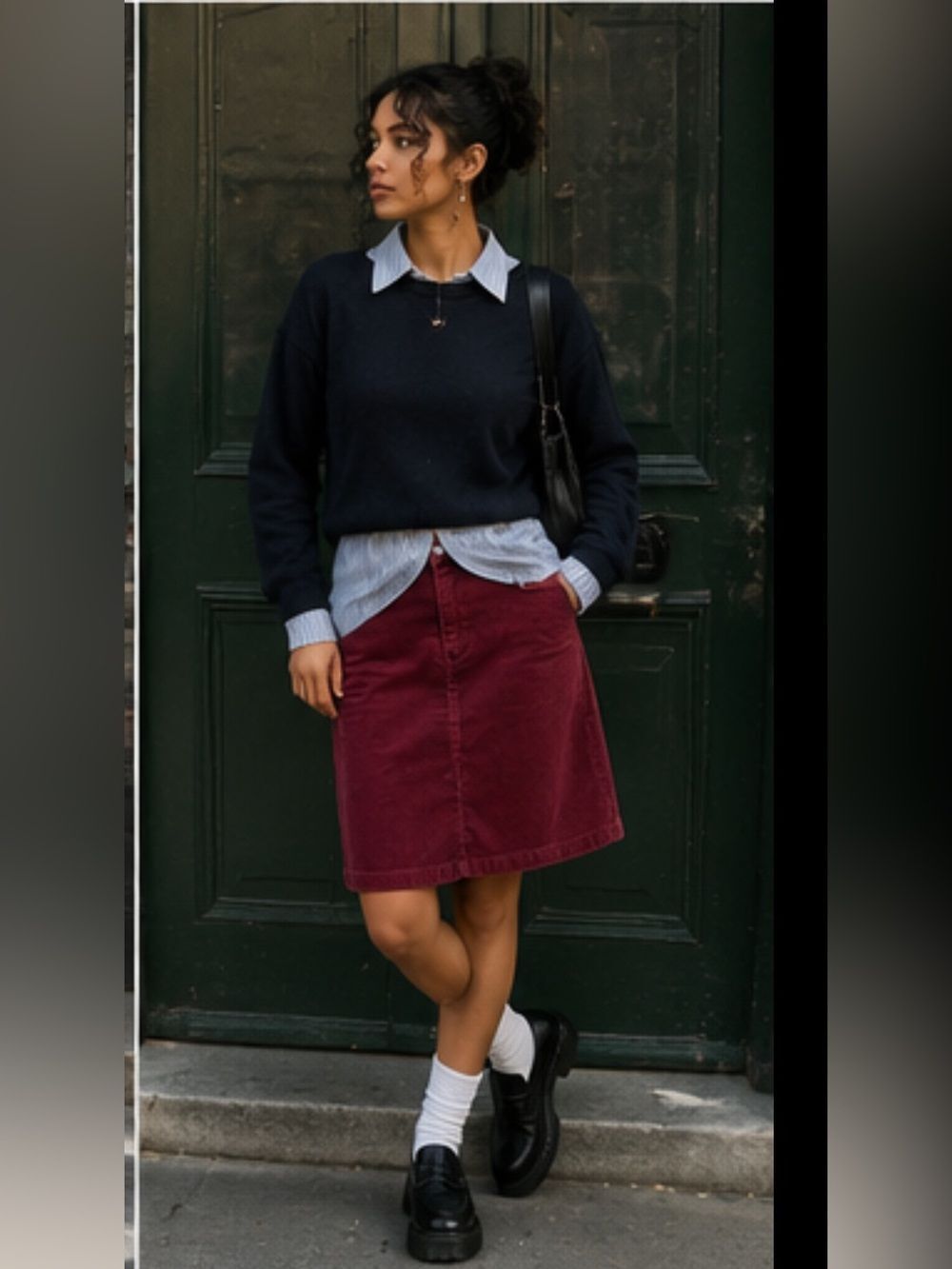 90s Vintage Corduroy Cotton-Blend Knee-Length Skirt Burgundy Size 8